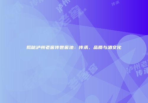揭秘泸州老窖传世窖池：传承、品质与酒文化